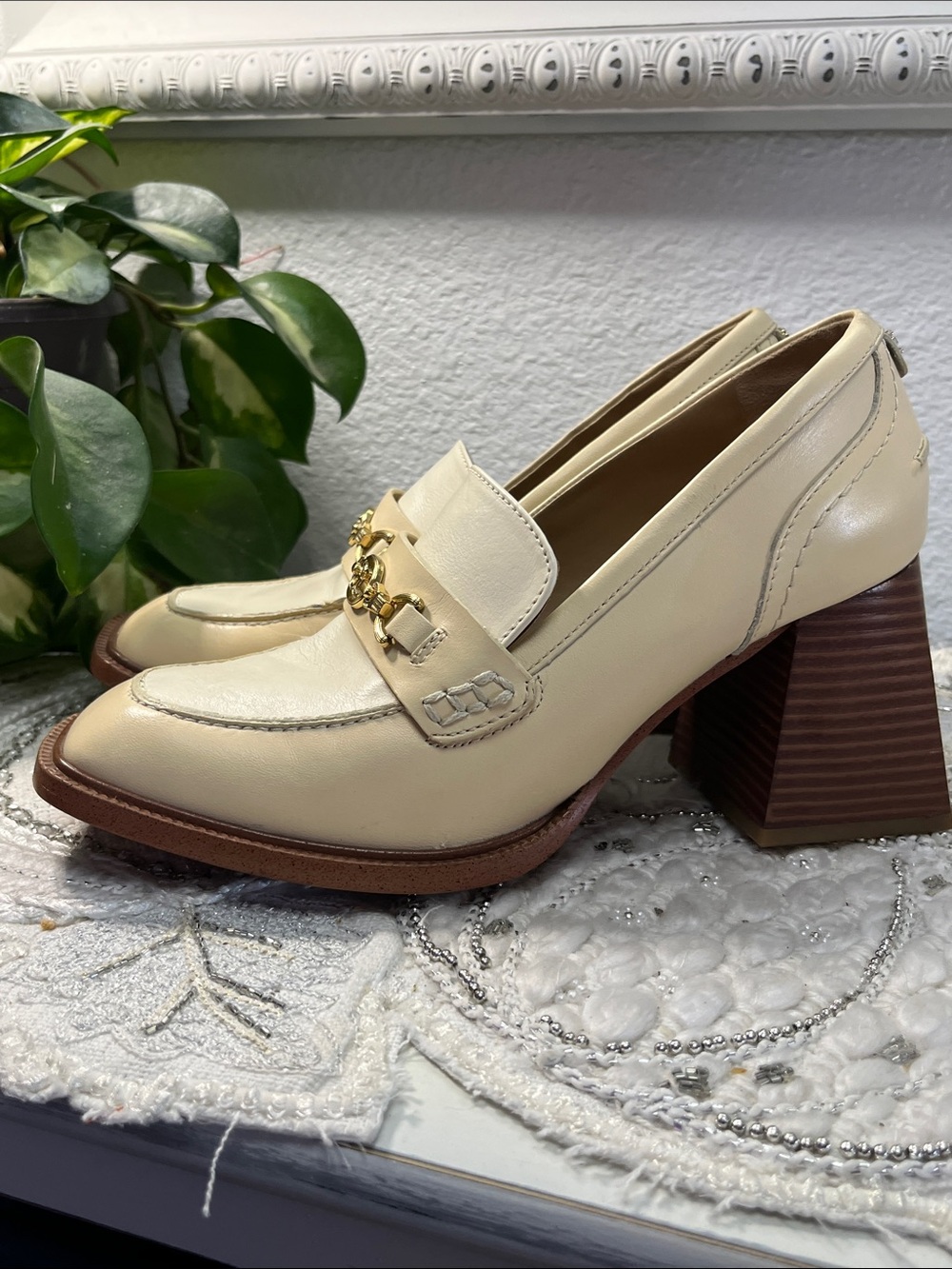 Sam Edelman Quincy Ivory Leather Horsebit Loafers Size 8M Block Heel - Picture 6 of 14